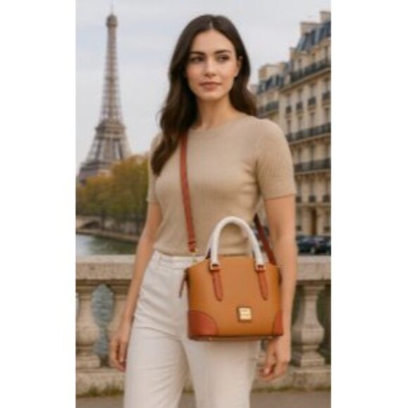 Dooney Bourke Pebble Leather Dome Designer Satchel Work Bag  Camel and Cognac - Picture 6 of 10